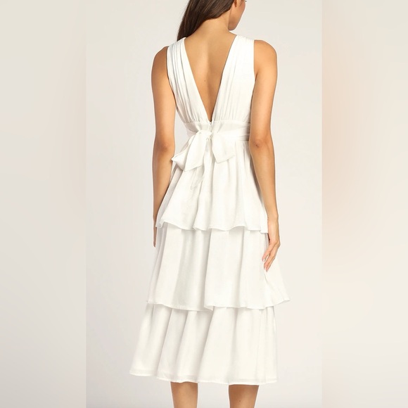 Lulus - Peak Party Vibe White Satin Tiered Tie-Back Midi Dress - Medium - Picture 3 of 3